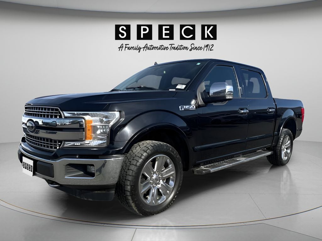 2019 Ford F-150 LARIAT in Agate Black Metallic — front three-quarter view