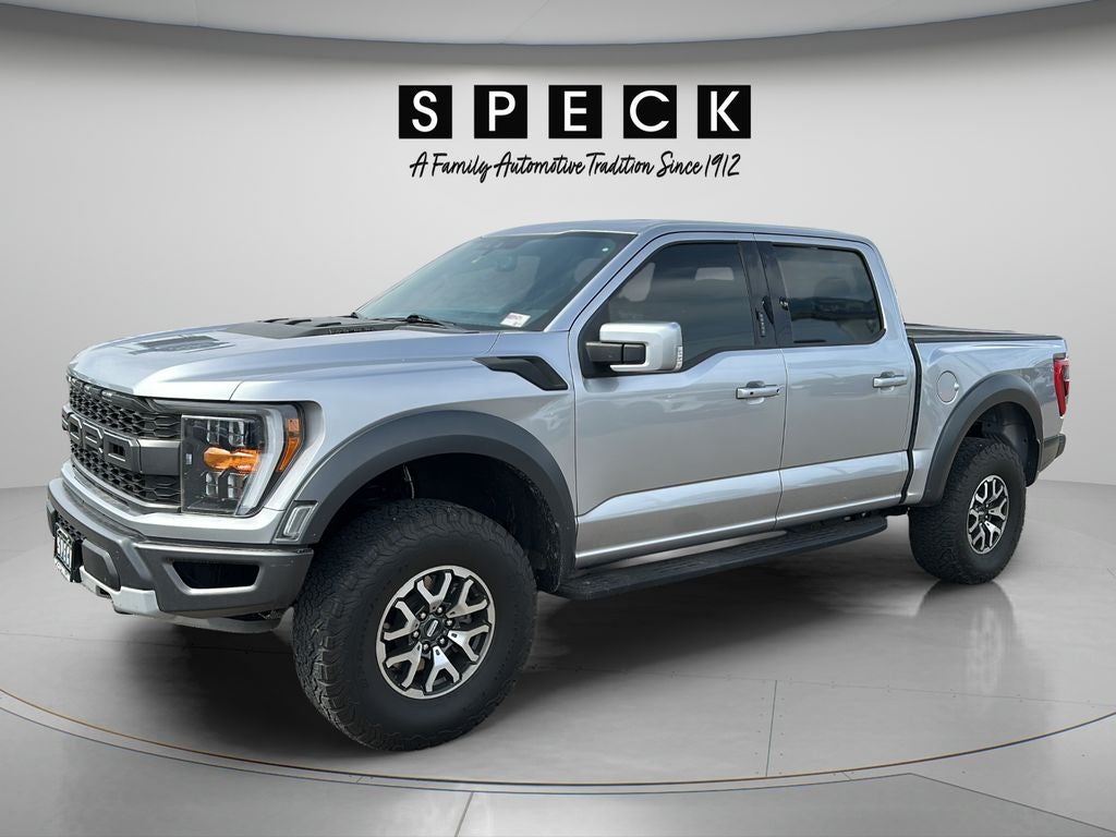 2021 Ford F-150 Raptor in Iconic Silver Metallic — front three-quarter view