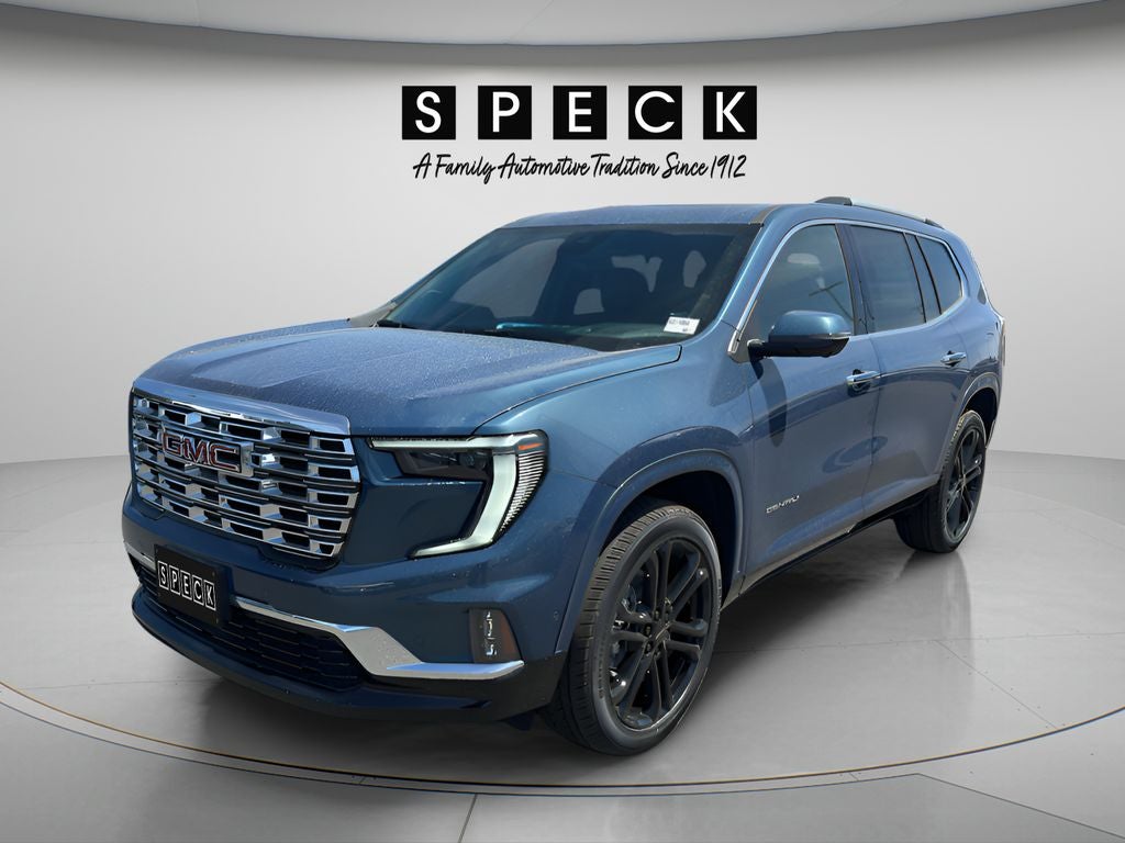 2026 GMC Acadia Denali in Downpour Metallic — front three-quarter view