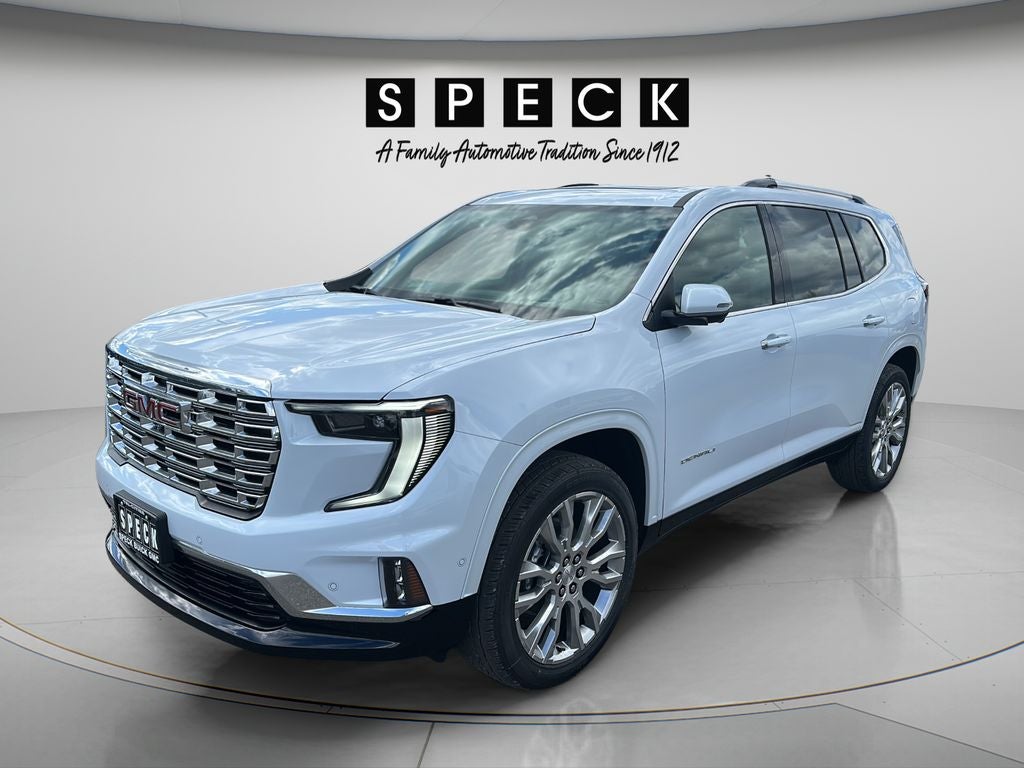 2026 GMC Acadia Denali in Glacier White Tricoat — front three-quarter view