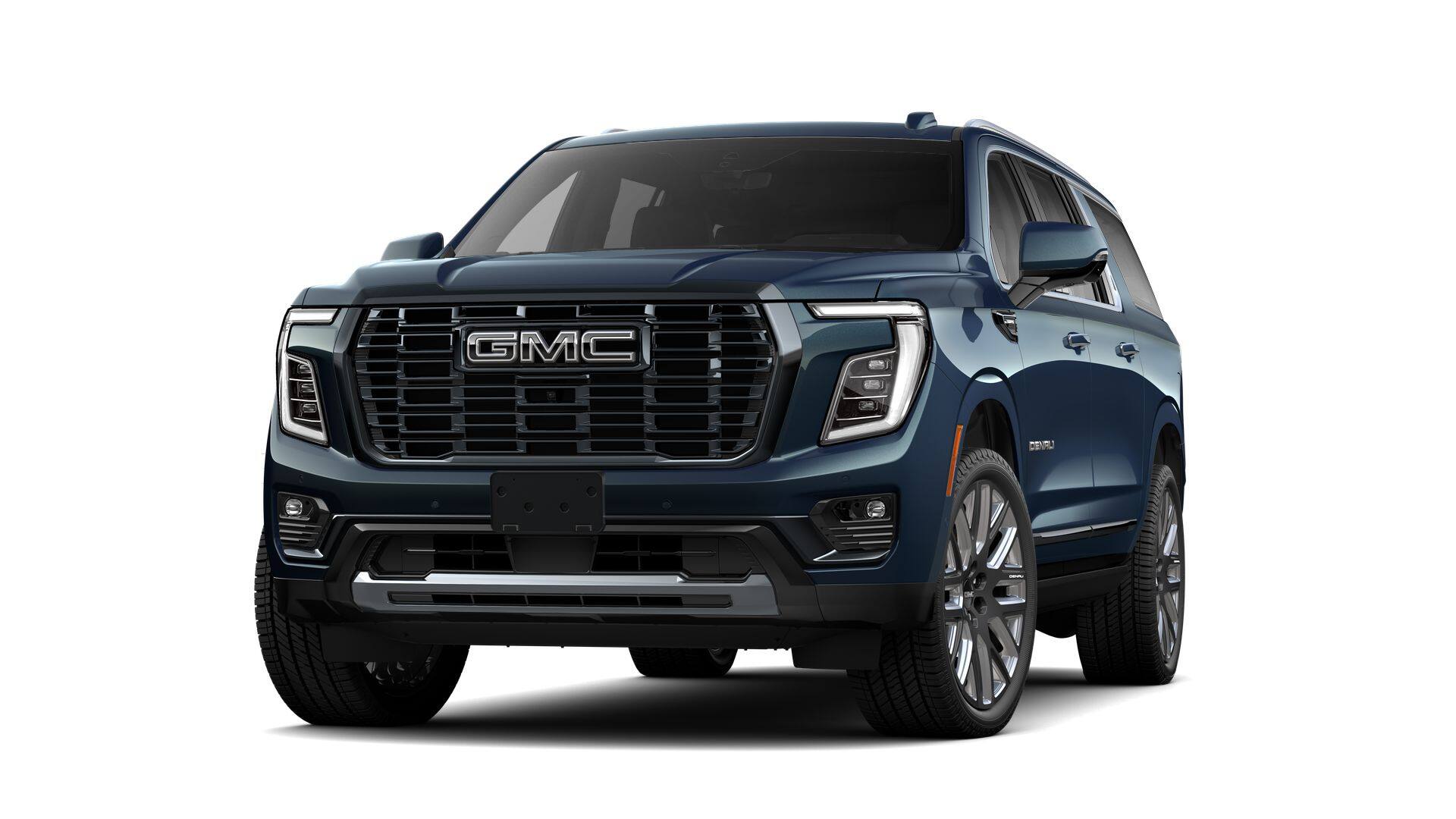 2026 GMC Yukon XL Denali Ultimate in Downpour Metallic — front three-quarter view