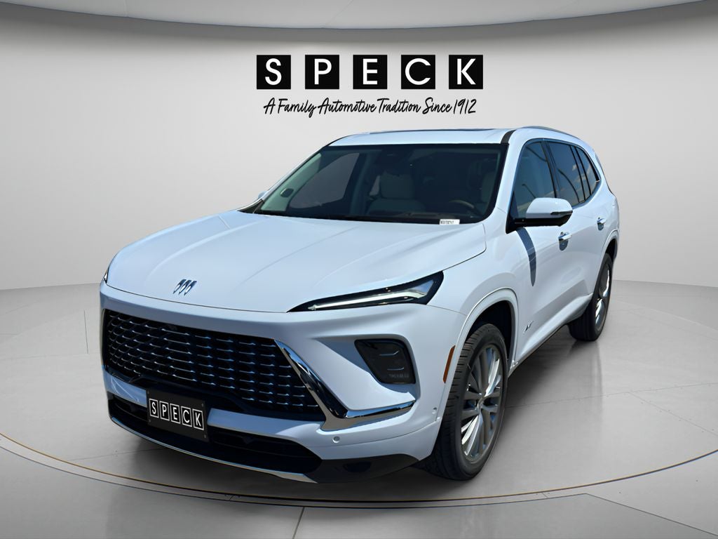 2026 Buick Enclave Avenir in Iridescent White Tricoat — front three-quarter view