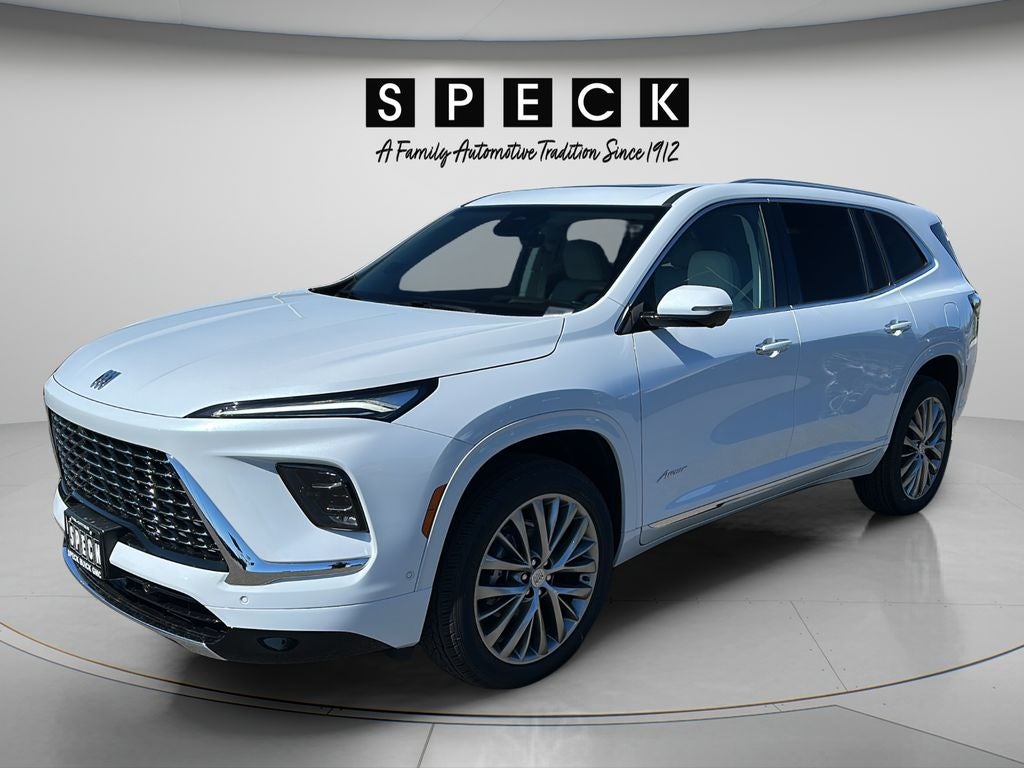 2026 Buick Enclave Avenir in Iridescent White Tricoat — front three-quarter view